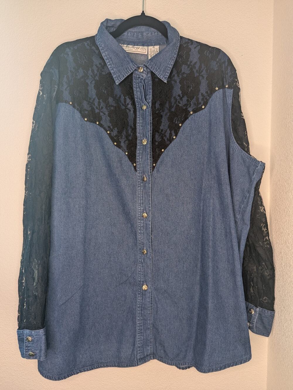 VTG Adobe Rose Women's Denim Button-Up 3XL Plus Western Lace Equestrian Retro